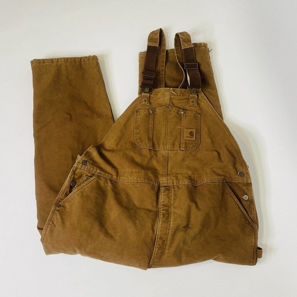Carhartt R27 Heavyweight Lined Brown Bib Duck Canvas Overalls 50x32 Men's Double